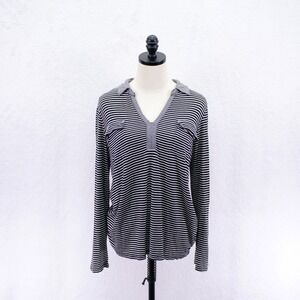 Liz Claiborne -Large- Black White Striped Collared V-Neck Long Sleeve Polo Shirt